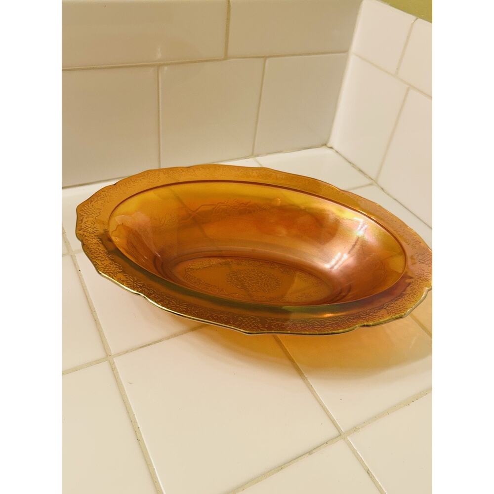 Vintage Carnival Glass Normandie Marigold Iridescent Oval Shape Bowl 10” Long